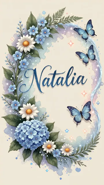 Natalia diseño 4 - Composición magica con nombre en letra cursiva azul, rodeado de hortensias azules, margaritas blancas y delicadas flores silvestres, enmarcado por suaves remolinos de agua, mariposas azules y destellos estelares sobre un fondo etéreo y romántico.