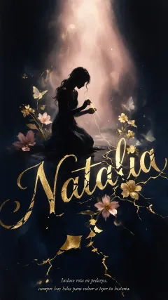 Natalia - Composición de ilustración semirrealista cinematográfica con silueta femenina tejiendo un hilo dorado de luz sobre un suelo oscuro fracturado al estilo Kintsugi, donde el nombre resalta en un prominente guión caligráfico dorado que emerge de las grietas, rodeado de flores blancas, mariposas y un fondo degradado de azules profundos iluminado por una luz celestial en tonos melocotón y crema, con una frase de aliento en tipografía blanca en la parte inferior.