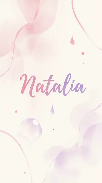Natalia diseño 7 - Diseño abstracto en acuarela sobre fondo crema, con manchas fluidas y etéreas en rosa pastel y lila, líneas curvas que aportan movimiento, pequeñas gotas salpicadas cayendo verticalmente y una burbuja translúcida en la parte superior izquierda. El nombre resalta al centro con una tipografía cursiva amplia y elegante en degradado rosa a morado.