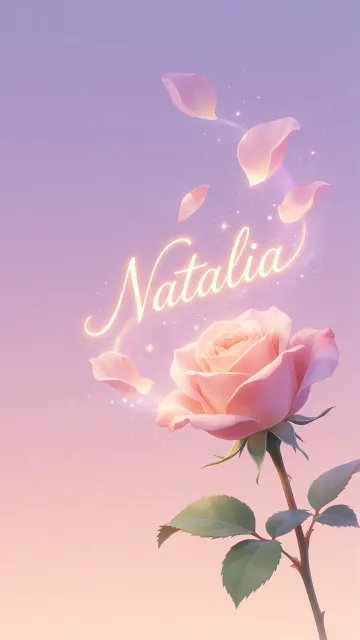 Natalia diseño 8 - Fondo de Pantalla con degradado suave que transiciona de lila en la parte superior a melocotón y rosa pastel en la base, destacando una rosa rosada hiperrealista con tallo y hojas verdes. El nombre brilla en tipografía cursiva con efecto neón cálido, adornado con pétalos cayendo y chispas de luz mágica.