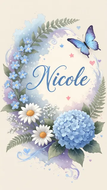 Nicole diseño 1 - Hortensias azules, flores pequeñas y acuarela suave con mariposas azules y brillo etéreo
