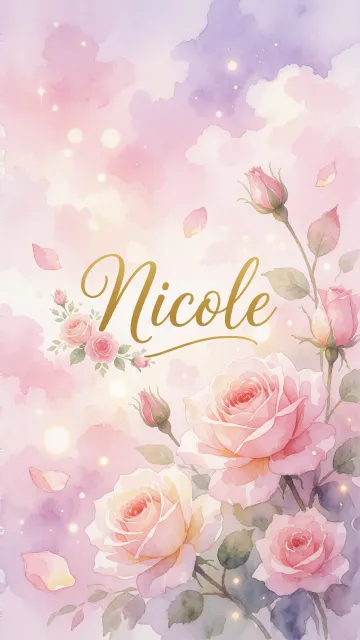 Nicole diseño 10 - Diseño estilo acuarela con un fondo etéreo y texturizado en nubes de tonos rosa pastel y lila suave. Presenta composiciones de rosas abiertas y capullos en los bordes inferior y superior, con pétalos cayendo delicadamente. Incorpora destellos de luz cálida (efecto bokeh) y, en el centro, resalta una tipografía elegante, cursiva y fluida en color dorado.