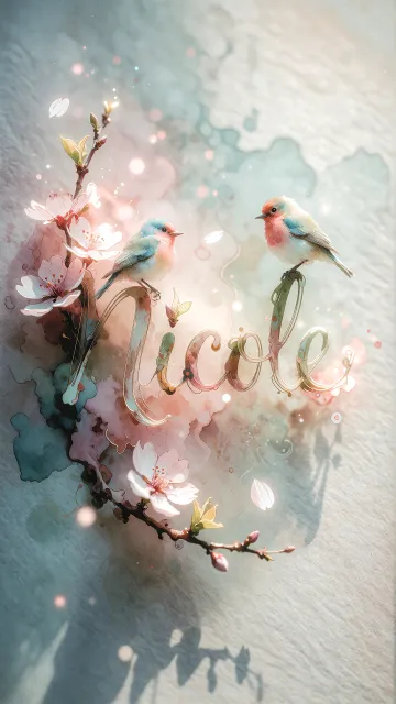 Nicole diseño 11 - Un delicado diseño de estilo acuarela digital que combina una tipografía de caligrafía personalizada para el nombre en tonos dorados y rosados suaves, adornada con pequeñas hojas y brotes. Un pajarito azul y naranja vibrante está posado en una de las letras. Todo está rodeado por un marco circular de ramas de cerezo en flor con delicadas flores rosadas y blancas. El fondo es un lavado de acuarela difuminado en tonos pastel suaves de azul cerceta, rosa rubor y melocotón sobre una textura de papel rugoso, con destellos luminosos y motas de luz bokeh flotando alrededor, creando una atmósfera mágica y soñadora. Las sombras suaves proyectadas añaden profundidad.