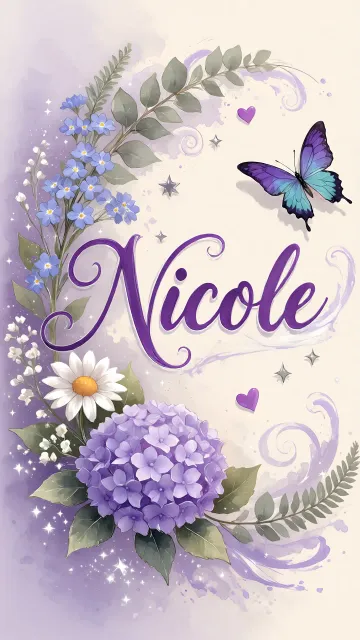 Nicole diseño 2 - Diseño elegante de hortensias en tonos lila y morados suaves, con volutas estilizadas y una mariposa mística que aporta un toque etéreo y mágico.