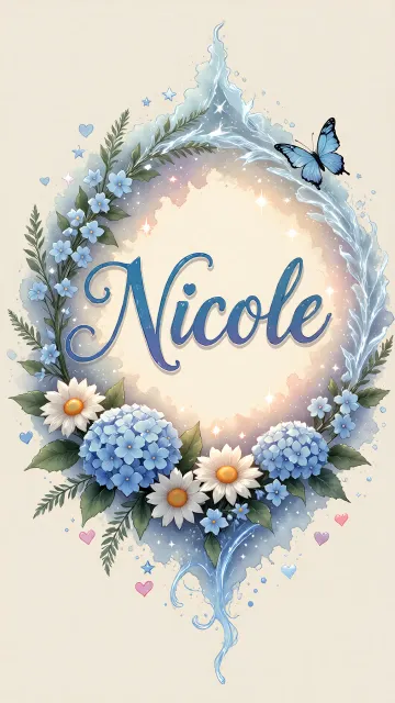 Nicole diseño 4 - Composición magica con nombre en letra cursiva azul, rodeado de hortensias azules, margaritas blancas y delicadas flores silvestres, enmarcado por suaves remolinos de agua, mariposas azules y destellos estelares sobre un fondo etéreo y romántico.