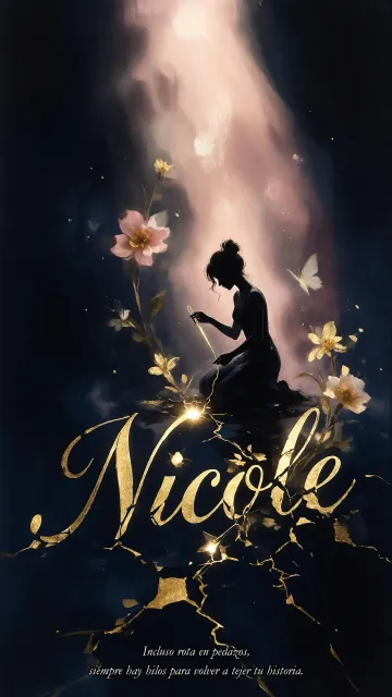 Nicole diseño 6 - Composición de ilustración semirrealista cinematográfica con silueta femenina tejiendo un hilo dorado de luz sobre un suelo oscuro fracturado al estilo Kintsugi, donde el nombre resalta en un prominente guión caligráfico dorado que emerge de las grietas, rodeado de flores blancas, mariposas y un fondo degradado de azules profundos iluminado por una luz celestial en tonos melocotón y crema, con una frase de aliento en tipografía blanca en la parte inferior.