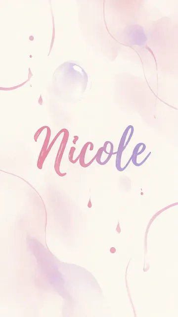Nicole diseño 7 - Diseño abstracto en acuarela sobre fondo crema, con manchas fluidas y etéreas en rosa pastel y lila, líneas curvas que aportan movimiento, pequeñas gotas salpicadas cayendo verticalmente y una burbuja translúcida en la parte superior izquierda. El nombre resalta al centro con una tipografía cursiva amplia y elegante en degradado rosa a morado.