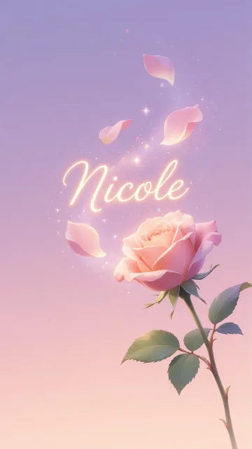 Nicole diseño 8 - Fondo de Pantalla con degradado suave que transiciona de lila en la parte superior a melocotón y rosa pastel en la base, destacando una rosa rosada hiperrealista con tallo y hojas verdes. El nombre brilla en tipografía cursiva con efecto neón cálido, adornado con pétalos cayendo y chispas de luz mágica.
