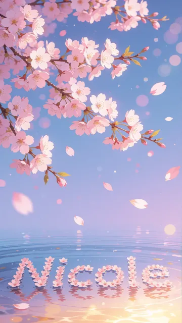 Nicole diseño 9 - Composición serena y onírica con ramas de cerezo en flor (sakura) en la parte superior contra un cielo en degradado de azul suave y lila. Pétalos de color rosa pastel flotan delicadamente en el aire cayendo hacia una superficie de agua tranquila y cristalina. En el centro inferior, el nombre está formado por pétalos de flores con un sutil efecto de relieve 3D y tipografía floral, reflejándose sobre el agua que está iluminada por un cálido destello dorado de luz solar en la esquina inferior derecha.