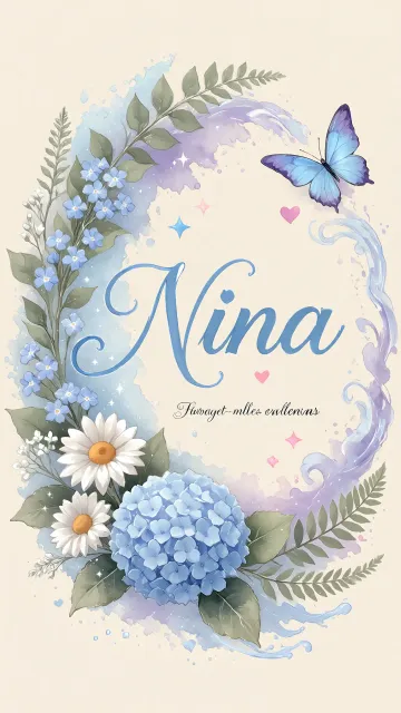 Nina diseño 1 - Hortensias azules, flores pequeñas y acuarela suave con mariposas azules y brillo etéreo