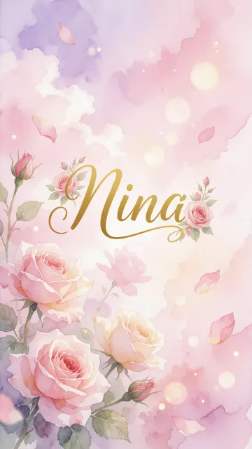 Nina diseño 10 - Diseño estilo acuarela con un fondo etéreo y texturizado en nubes de tonos rosa pastel y lila suave. Presenta composiciones de rosas abiertas y capullos en los bordes inferior y superior, con pétalos cayendo delicadamente. Incorpora destellos de luz cálida (efecto bokeh) y, en el centro, resalta una tipografía elegante, cursiva y fluida en color dorado.