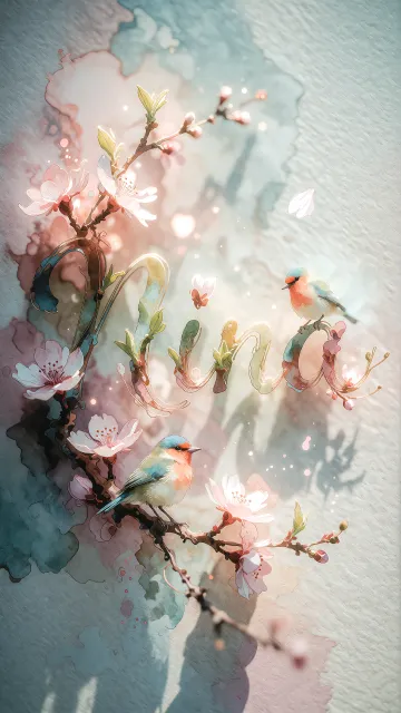 Nina diseño 11 - Un delicado diseño de estilo acuarela digital que combina una tipografía de caligrafía personalizada para el nombre en tonos dorados y rosados suaves, adornada con pequeñas hojas y brotes. Un pajarito azul y naranja vibrante está posado en una de las letras. Todo está rodeado por un marco circular de ramas de cerezo en flor con delicadas flores rosadas y blancas. El fondo es un lavado de acuarela difuminado en tonos pastel suaves de azul cerceta, rosa rubor y melocotón sobre una textura de papel rugoso, con destellos luminosos y motas de luz bokeh flotando alrededor, creando una atmósfera mágica y soñadora. Las sombras suaves proyectadas añaden profundidad.