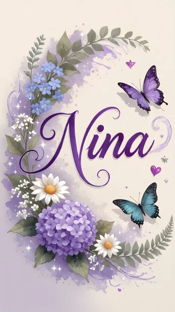 Nina diseño 2 - Diseño elegante de hortensias en tonos lila y morados suaves, con volutas estilizadas y una mariposa mística que aporta un toque etéreo y mágico.