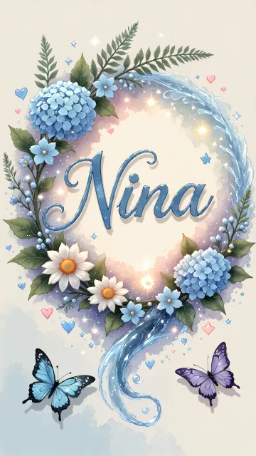 Nina diseño 4 - Composición magica con nombre en letra cursiva azul, rodeado de hortensias azules, margaritas blancas y delicadas flores silvestres, enmarcado por suaves remolinos de agua, mariposas azules y destellos estelares sobre un fondo etéreo y romántico.