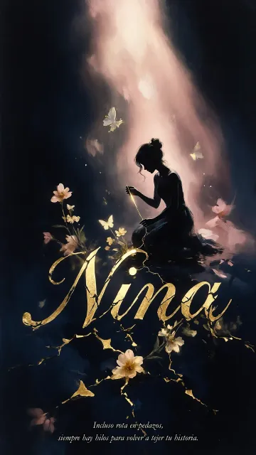 Nina diseño 6 - Composición de ilustración semirrealista cinematográfica con silueta femenina tejiendo un hilo dorado de luz sobre un suelo oscuro fracturado al estilo Kintsugi, donde el nombre resalta en un prominente guión caligráfico dorado que emerge de las grietas, rodeado de flores blancas, mariposas y un fondo degradado de azules profundos iluminado por una luz celestial en tonos melocotón y crema, con una frase de aliento en tipografía blanca en la parte inferior.