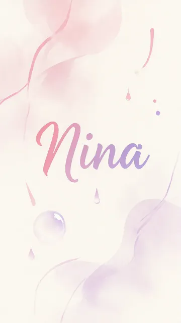 Nina diseño 7 - Diseño abstracto en acuarela sobre fondo crema, con manchas fluidas y etéreas en rosa pastel y lila, líneas curvas que aportan movimiento, pequeñas gotas salpicadas cayendo verticalmente y una burbuja translúcida en la parte superior izquierda. El nombre resalta al centro con una tipografía cursiva amplia y elegante en degradado rosa a morado.