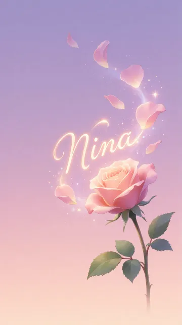 Nina diseño 8 - Fondo de Pantalla con degradado suave que transiciona de lila en la parte superior a melocotón y rosa pastel en la base, destacando una rosa rosada hiperrealista con tallo y hojas verdes. El nombre brilla en tipografía cursiva con efecto neón cálido, adornado con pétalos cayendo y chispas de luz mágica.