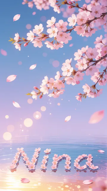 Nina diseño 9 - Composición serena y onírica con ramas de cerezo en flor (sakura) en la parte superior contra un cielo en degradado de azul suave y lila. Pétalos de color rosa pastel flotan delicadamente en el aire cayendo hacia una superficie de agua tranquila y cristalina. En el centro inferior, el nombre está formado por pétalos de flores con un sutil efecto de relieve 3D y tipografía floral, reflejándose sobre el agua que está iluminada por un cálido destello dorado de luz solar en la esquina inferior derecha.