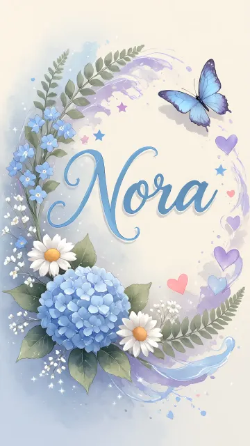 Nora diseño 1 - Hortensias azules, flores pequeñas y acuarela suave con mariposas azules y brillo etéreo