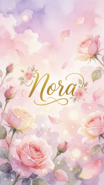 Nora diseño 10 - Diseño estilo acuarela con un fondo etéreo y texturizado en nubes de tonos rosa pastel y lila suave. Presenta composiciones de rosas abiertas y capullos en los bordes inferior y superior, con pétalos cayendo delicadamente. Incorpora destellos de luz cálida (efecto bokeh) y, en el centro, resalta una tipografía elegante, cursiva y fluida en color dorado.