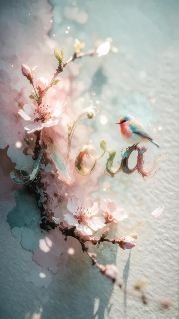 Nora diseño 11 - Un delicado diseño de estilo acuarela digital que combina una tipografía de caligrafía personalizada para el nombre en tonos dorados y rosados suaves, adornada con pequeñas hojas y brotes. Un pajarito azul y naranja vibrante está posado en una de las letras. Todo está rodeado por un marco circular de ramas de cerezo en flor con delicadas flores rosadas y blancas. El fondo es un lavado de acuarela difuminado en tonos pastel suaves de azul cerceta, rosa rubor y melocotón sobre una textura de papel rugoso, con destellos luminosos y motas de luz bokeh flotando alrededor, creando una atmósfera mágica y soñadora. Las sombras suaves proyectadas añaden profundidad.