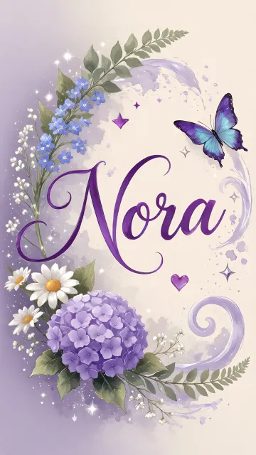 Nora diseño 2 - Diseño elegante de hortensias en tonos lila y morados suaves, con volutas estilizadas y una mariposa mística que aporta un toque etéreo y mágico.