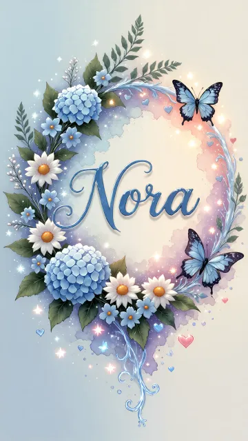 Nora diseño 4 - Composición magica con nombre en letra cursiva azul, rodeado de hortensias azules, margaritas blancas y delicadas flores silvestres, enmarcado por suaves remolinos de agua, mariposas azules y destellos estelares sobre un fondo etéreo y romántico.