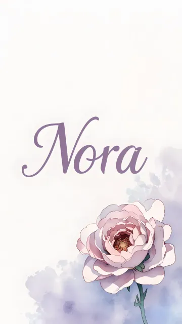 Nora diseño 5 - Nombre en elegante tipografía cursiva caligráfica en tono lavanda, sobre fondo acuarela de cielo nublado en tonos pastel (azul, blanco, lavanda), decorado con rosa en acuarela de pétalos rosa pálido, blanco crema y lilas suaves con hojas en gris-verde.