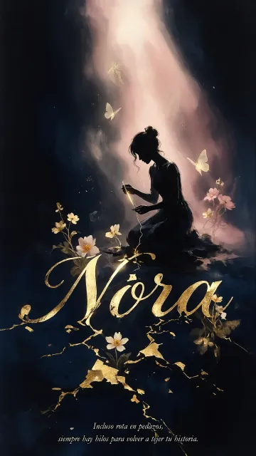 Nora diseño 6 - Composición de ilustración semirrealista cinematográfica con silueta femenina tejiendo un hilo dorado de luz sobre un suelo oscuro fracturado al estilo Kintsugi, donde el nombre resalta en un prominente guión caligráfico dorado que emerge de las grietas, rodeado de flores blancas, mariposas y un fondo degradado de azules profundos iluminado por una luz celestial en tonos melocotón y crema, con una frase de aliento en tipografía blanca en la parte inferior.