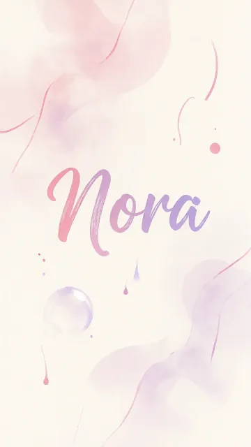 Nora diseño 7 - Diseño abstracto en acuarela sobre fondo crema, con manchas fluidas y etéreas en rosa pastel y lila, líneas curvas que aportan movimiento, pequeñas gotas salpicadas cayendo verticalmente y una burbuja translúcida en la parte superior izquierda. El nombre resalta al centro con una tipografía cursiva amplia y elegante en degradado rosa a morado.