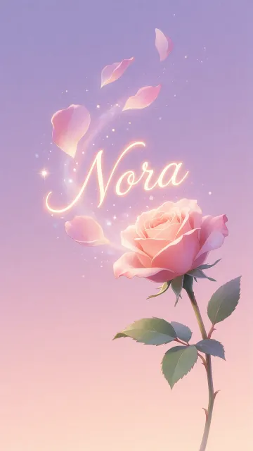 Nora diseño 8 - Fondo de Pantalla con degradado suave que transiciona de lila en la parte superior a melocotón y rosa pastel en la base, destacando una rosa rosada hiperrealista con tallo y hojas verdes. El nombre brilla en tipografía cursiva con efecto neón cálido, adornado con pétalos cayendo y chispas de luz mágica.