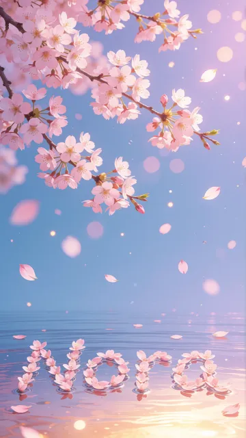 Nora diseño 9 - Composición serena y onírica con ramas de cerezo en flor (sakura) en la parte superior contra un cielo en degradado de azul suave y lila. Pétalos de color rosa pastel flotan delicadamente en el aire cayendo hacia una superficie de agua tranquila y cristalina. En el centro inferior, el nombre está formado por pétalos de flores con un sutil efecto de relieve 3D y tipografía floral, reflejándose sobre el agua que está iluminada por un cálido destello dorado de luz solar en la esquina inferior derecha.
