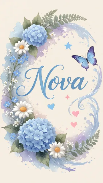 Nova diseño 1 - Hortensias azules, flores pequeñas y acuarela suave con mariposas azules y brillo etéreo