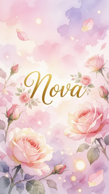 Nova diseño 10 - Diseño estilo acuarela con un fondo etéreo y texturizado en nubes de tonos rosa pastel y lila suave. Presenta composiciones de rosas abiertas y capullos en los bordes inferior y superior, con pétalos cayendo delicadamente. Incorpora destellos de luz cálida (efecto bokeh) y, en el centro, resalta una tipografía elegante, cursiva y fluida en color dorado.
