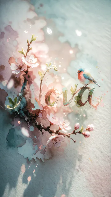 Nova diseño 11 - Un delicado diseño de estilo acuarela digital que combina una tipografía de caligrafía personalizada para el nombre en tonos dorados y rosados suaves, adornada con pequeñas hojas y brotes. Un pajarito azul y naranja vibrante está posado en una de las letras. Todo está rodeado por un marco circular de ramas de cerezo en flor con delicadas flores rosadas y blancas. El fondo es un lavado de acuarela difuminado en tonos pastel suaves de azul cerceta, rosa rubor y melocotón sobre una textura de papel rugoso, con destellos luminosos y motas de luz bokeh flotando alrededor, creando una atmósfera mágica y soñadora. Las sombras suaves proyectadas añaden profundidad.