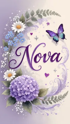 Nova - Diseño elegante de hortensias en tonos lila y morados suaves, con volutas estilizadas y una mariposa mística que aporta un toque etéreo y mágico.