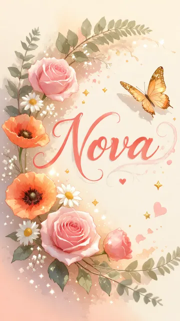 Nova diseño 3 - Elegante composición de rosas rosadas y amapolas naranjas con mariposas doradas brillantes sobre un fondo cálido, romántico y mágico.
