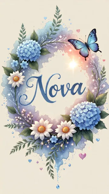 Nova diseño 4 - Composición magica con nombre en letra cursiva azul, rodeado de hortensias azules, margaritas blancas y delicadas flores silvestres, enmarcado por suaves remolinos de agua, mariposas azules y destellos estelares sobre un fondo etéreo y romántico.