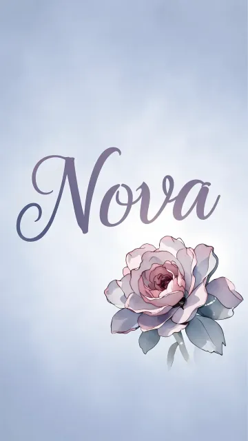 Nova diseño 5 - Nombre en elegante tipografía cursiva caligráfica en tono lavanda, sobre fondo acuarela de cielo nublado en tonos pastel (azul, blanco, lavanda), decorado con rosa en acuarela de pétalos rosa pálido, blanco crema y lilas suaves con hojas en gris-verde.