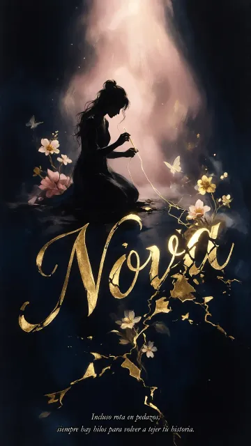 Nova diseño 6 - Composición de ilustración semirrealista cinematográfica con silueta femenina tejiendo un hilo dorado de luz sobre un suelo oscuro fracturado al estilo Kintsugi, donde el nombre resalta en un prominente guión caligráfico dorado que emerge de las grietas, rodeado de flores blancas, mariposas y un fondo degradado de azules profundos iluminado por una luz celestial en tonos melocotón y crema, con una frase de aliento en tipografía blanca en la parte inferior.