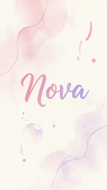 Nova diseño 7 - Diseño abstracto en acuarela sobre fondo crema, con manchas fluidas y etéreas en rosa pastel y lila, líneas curvas que aportan movimiento, pequeñas gotas salpicadas cayendo verticalmente y una burbuja translúcida en la parte superior izquierda. El nombre resalta al centro con una tipografía cursiva amplia y elegante en degradado rosa a morado.