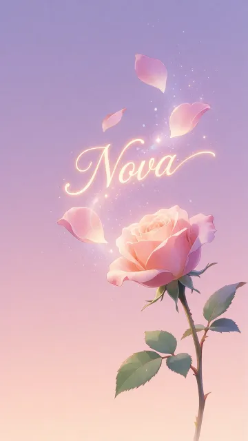 Nova diseño 8 - Fondo de Pantalla con degradado suave que transiciona de lila en la parte superior a melocotón y rosa pastel en la base, destacando una rosa rosada hiperrealista con tallo y hojas verdes. El nombre brilla en tipografía cursiva con efecto neón cálido, adornado con pétalos cayendo y chispas de luz mágica.