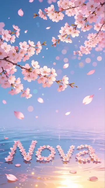 Nova diseño 9 - Composición serena y onírica con ramas de cerezo en flor (sakura) en la parte superior contra un cielo en degradado de azul suave y lila. Pétalos de color rosa pastel flotan delicadamente en el aire cayendo hacia una superficie de agua tranquila y cristalina. En el centro inferior, el nombre está formado por pétalos de flores con un sutil efecto de relieve 3D y tipografía floral, reflejándose sobre el agua que está iluminada por un cálido destello dorado de luz solar en la esquina inferior derecha.