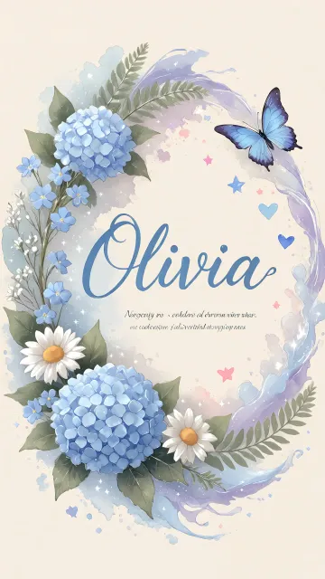 Olivia diseño 1 - Hortensias azules, flores pequeñas y acuarela suave con mariposas azules y brillo etéreo