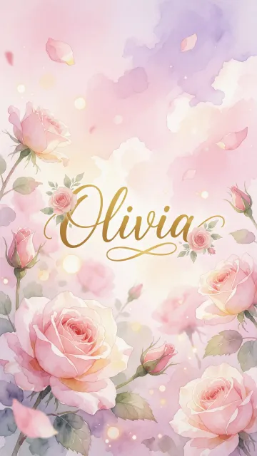 Olivia diseño 10 - Diseño estilo acuarela con un fondo etéreo y texturizado en nubes de tonos rosa pastel y lila suave. Presenta composiciones de rosas abiertas y capullos en los bordes inferior y superior, con pétalos cayendo delicadamente. Incorpora destellos de luz cálida (efecto bokeh) y, en el centro, resalta una tipografía elegante, cursiva y fluida en color dorado.