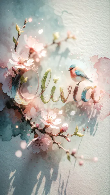 Olivia diseño 11 - Un delicado diseño de estilo acuarela digital que combina una tipografía de caligrafía personalizada para el nombre en tonos dorados y rosados suaves, adornada con pequeñas hojas y brotes. Un pajarito azul y naranja vibrante está posado en una de las letras. Todo está rodeado por un marco circular de ramas de cerezo en flor con delicadas flores rosadas y blancas. El fondo es un lavado de acuarela difuminado en tonos pastel suaves de azul cerceta, rosa rubor y melocotón sobre una textura de papel rugoso, con destellos luminosos y motas de luz bokeh flotando alrededor, creando una atmósfera mágica y soñadora. Las sombras suaves proyectadas añaden profundidad.