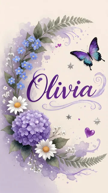 Olivia diseño 2 - Diseño elegante de hortensias en tonos lila y morados suaves, con volutas estilizadas y una mariposa mística que aporta un toque etéreo y mágico.