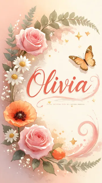 Olivia diseño 3 - Elegante composición de rosas rosadas y amapolas naranjas con mariposas doradas brillantes sobre un fondo cálido, romántico y mágico.
