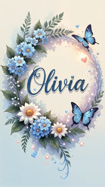 Olivia diseño 4 - Composición magica con nombre en letra cursiva azul, rodeado de hortensias azules, margaritas blancas y delicadas flores silvestres, enmarcado por suaves remolinos de agua, mariposas azules y destellos estelares sobre un fondo etéreo y romántico.