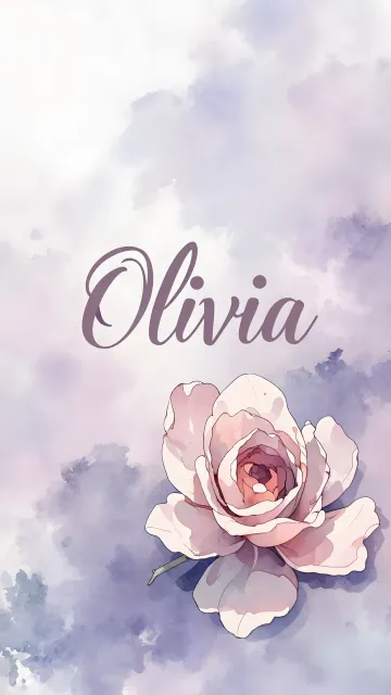 Olivia diseño 5 - Nombre en elegante tipografía cursiva caligráfica en tono lavanda, sobre fondo acuarela de cielo nublado en tonos pastel (azul, blanco, lavanda), decorado con rosa en acuarela de pétalos rosa pálido, blanco crema y lilas suaves con hojas en gris-verde.